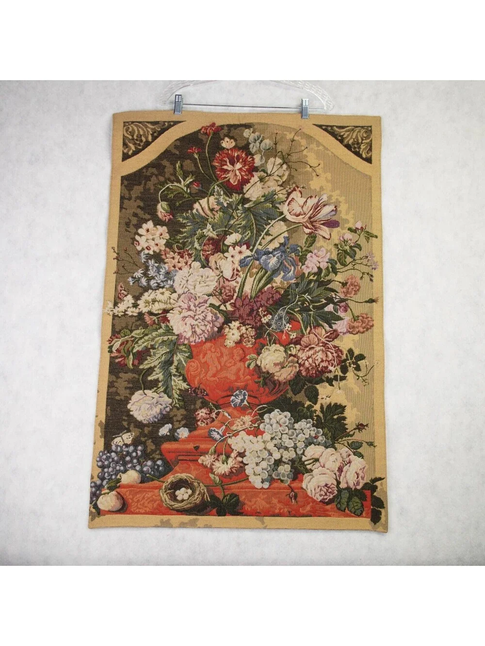 Vtg French Heavyweight Floral Home Décor Woven Tapestry Urn with Flowers 38x25.5